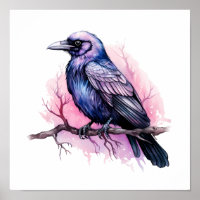 Black Raven on a Branch Illustration