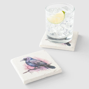 Black Raven on a Branch Illustration Stone Coaster