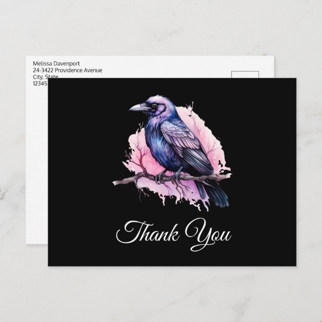 Black Raven on a Branch Illustration Thank You Postcard (Front/Back)