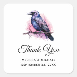 Black Raven on a Branch Illustration Thank You Square Sticker