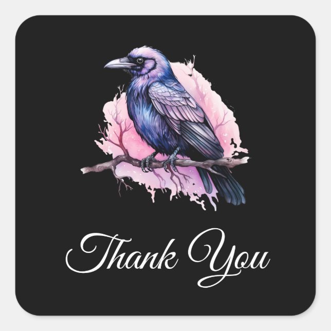Black Raven on a Branch Illustration Thank You Square Sticker (Front)