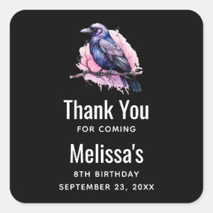 Black Raven on a Branch Illustration Thank You Square Sticker