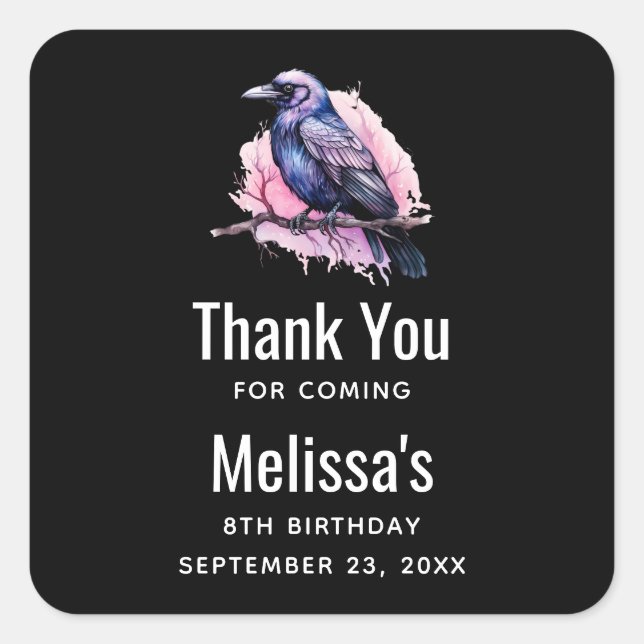 Black Raven on a Branch Illustration Thank You Square Sticker (Front)