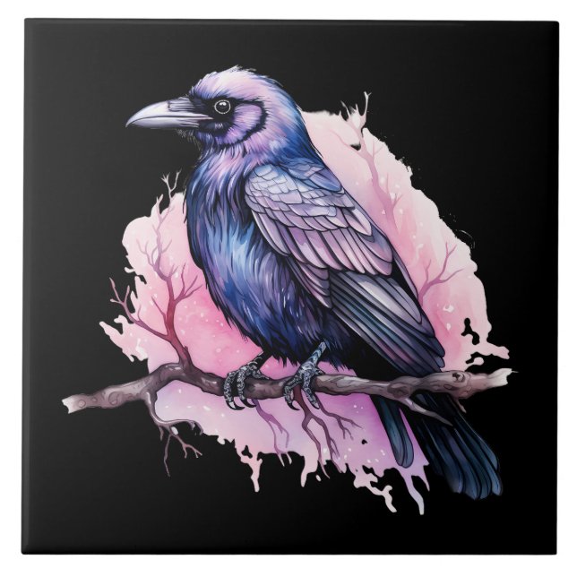 Black Raven on a Branch Illustration Tile (Front)