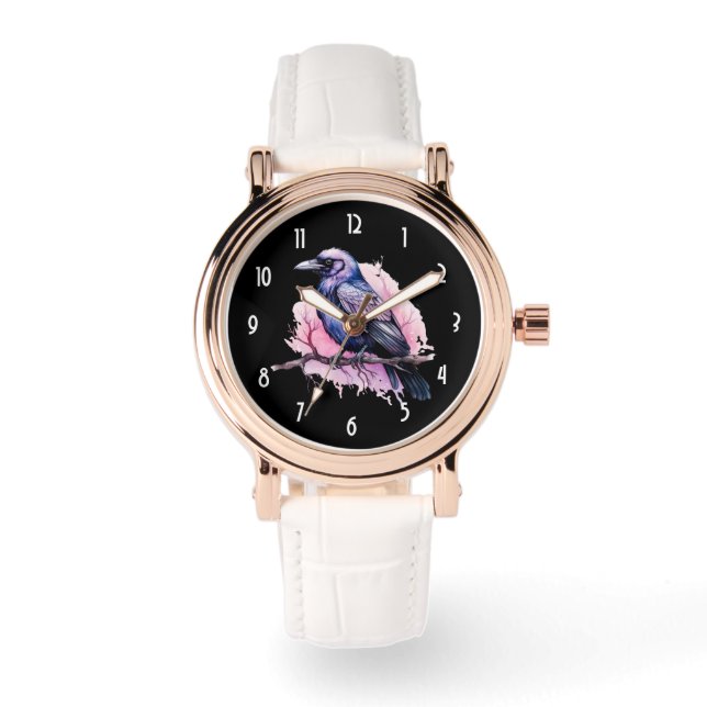 Black Raven on a Branch Illustration Watch (Front)
