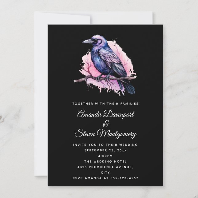 Black Raven on a Branch Illustration Wedding Invitation (Front)