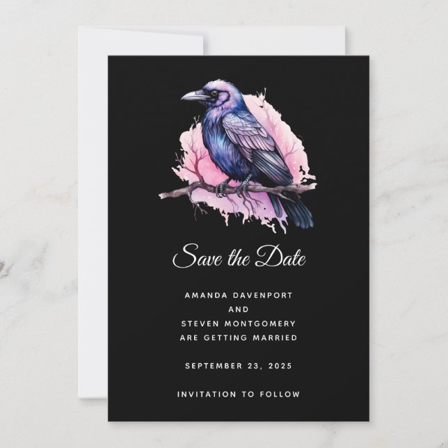 Black Raven on a Branch Illustration Wedding Save The Date (Front)