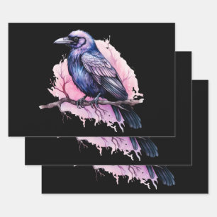 Black Raven on a Branch Illustration Wrapping Paper Sheet