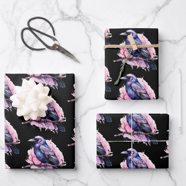 Black Raven on a Branch Pattern Wrapping Paper Sheet (Front)