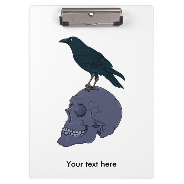 Black Raven On A Grey Human Skull Clipboard (Front)