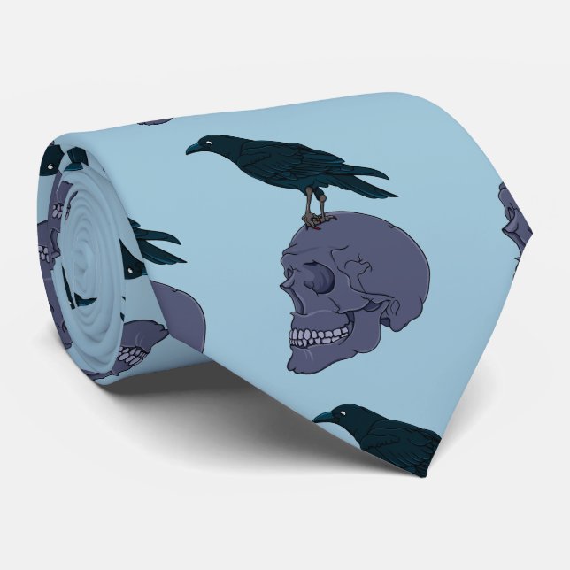 Black Raven On A Grey Human Skull Tie (Rolled)
