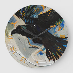 Black raven painting large clock