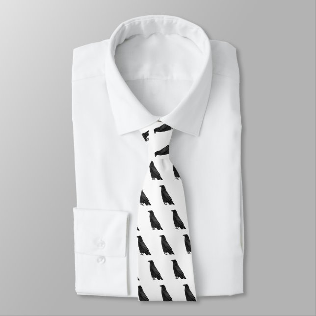 Black Raven Pattern on White Tie (Tied)