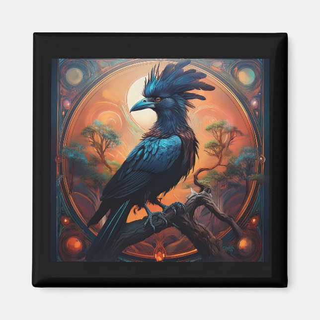 Black Raven Perched On A Gnarled Branch  Magnet (Front)