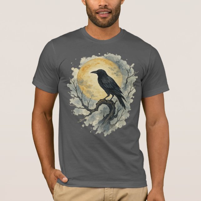 Black raven perched on branch under full moon T-Shirt (Front)