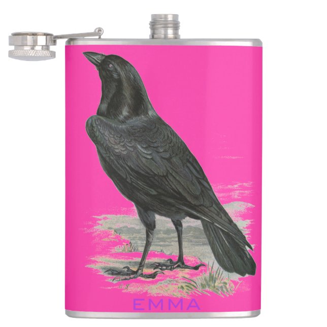 Black Raven Personalise Pink Name Flask (Opened)