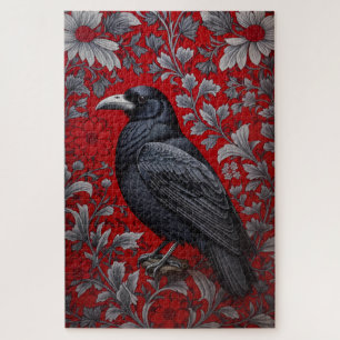 Black Raven Red Floral William Morris Inspired Jigsaw Puzzle