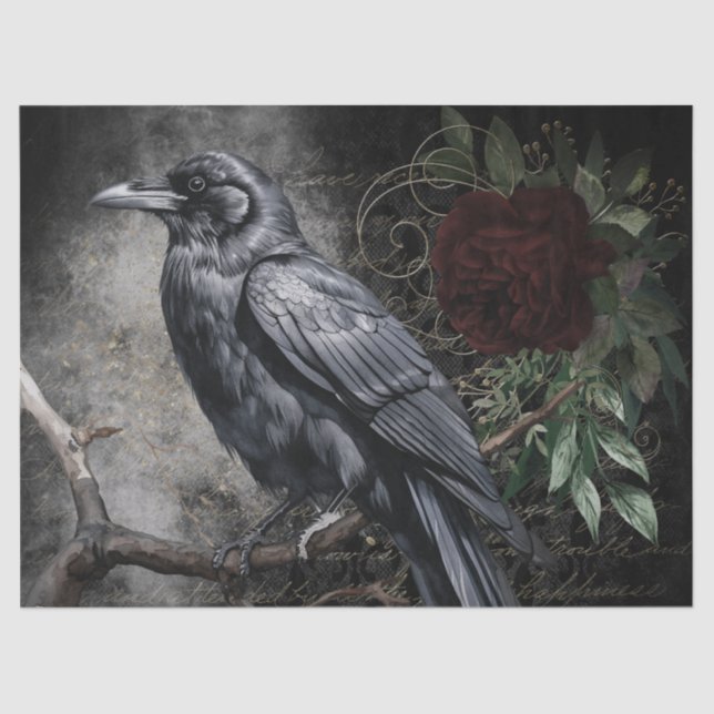 Black Raven Rose Whimsical Tissue Paper (Front)