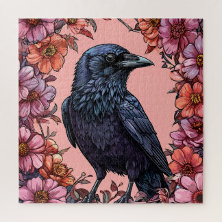 Black Raven Surrounded by Pink and Orange Flowers Jigsaw Puzzle