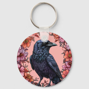 Black Raven Surrounded by Pink and Orange Flowers Key Ring