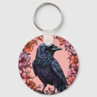 Black Raven Surrounded by Pink and Orange Flowers Key Ring