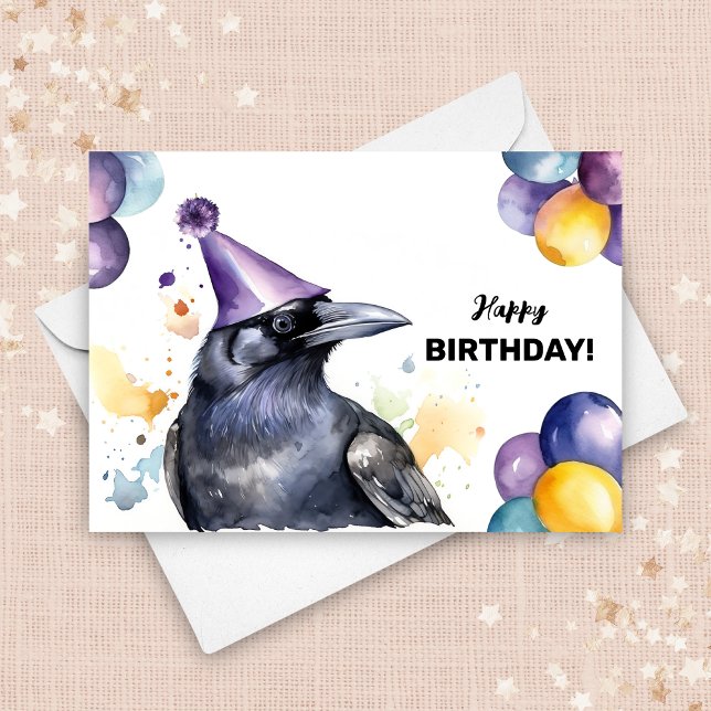 Black Raven with Balloons and Party Hat Birthday Card (Creator Uploaded)