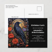 Black Raven with Flowers Gothic Birthday Invite