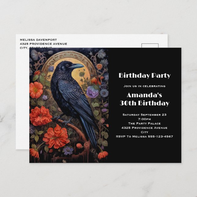 Black Raven with Flowers Gothic Birthday Invite Postcard (Front/Back)
