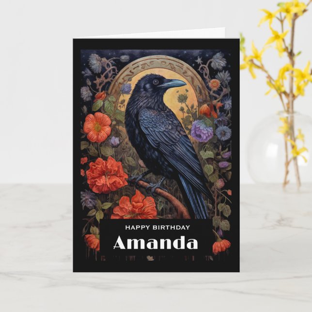 Black Raven with Flowers Gothic Design Birthday Card (Yellow Flower)