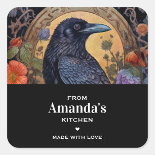 Black Raven with Flowers Gothic Design Kitchen Square Sticker