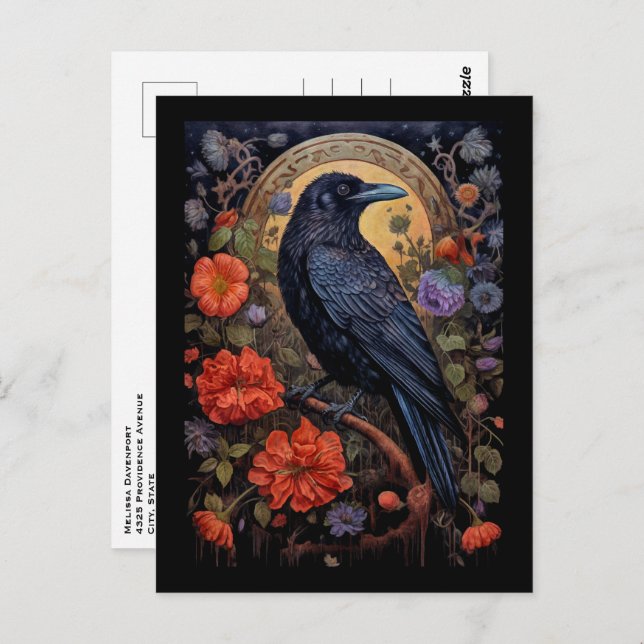 Black Raven with Flowers Gothic Design Postcard (Front/Back)