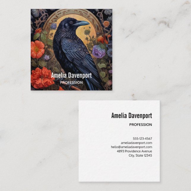Black Raven with Flowers Gothic Design Square Business Card (Front/Back)
