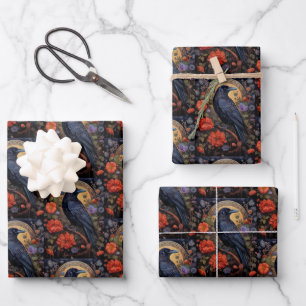 Black Raven with Flowers Gothic Pattern Wrapping Paper Sheet