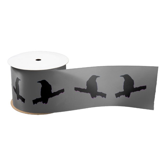 Black Ravens or Crows on Gray Satin Ribbon (Spool)