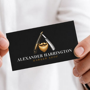 Black Razor Golden Beard Logo Barber Shop  Business Card