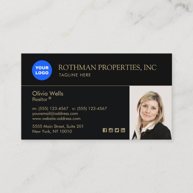 Black Real Estate   Add Logo and Photo Business Card (Front)