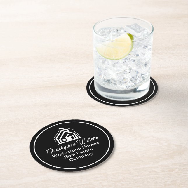 Black Real Estate Company Custom Realtor Party Round Paper Coaster (Insitu)