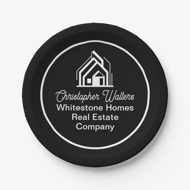 Black Real Estate Company Customized Realtor Party Paper Plate (Front)