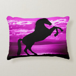 Black rearing horse with purple background pillow. decorative cushion