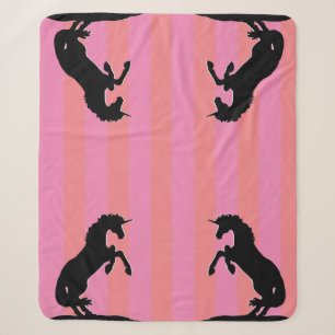 Black Rearing Unicorn (pink striped) Sherpa Blanket