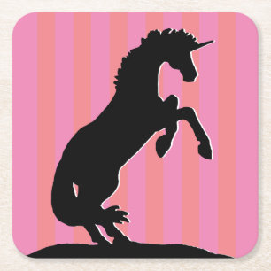 Black Rearing Unicorn (pink striped) Square Paper Coaster