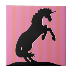 Black Rearing Unicorn (pink striped) Tile