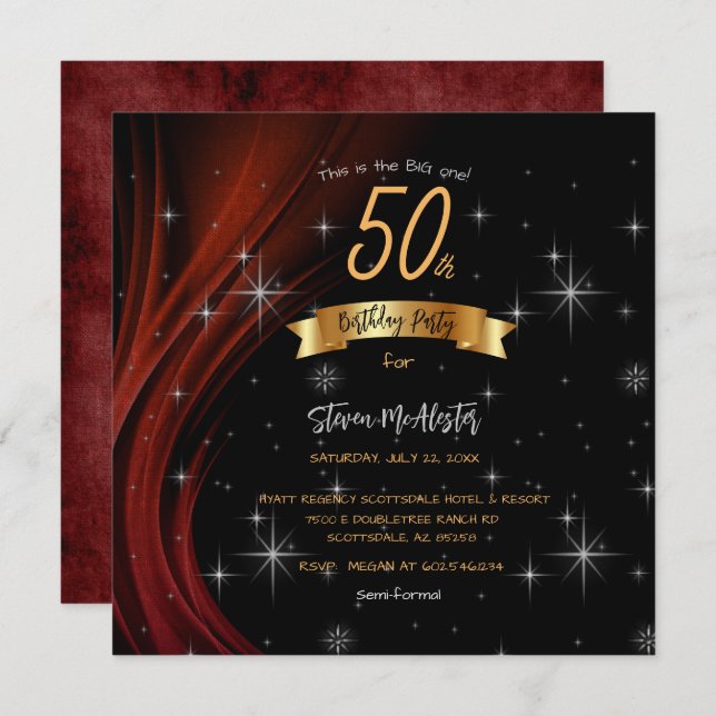 Black & Red 50th Birthday Party Gold Font  Invitation (Front/Back)