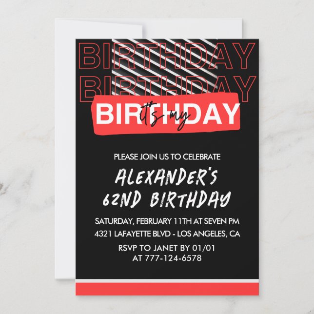 Black Red 62nd birthday Party invitations Men  (Front)