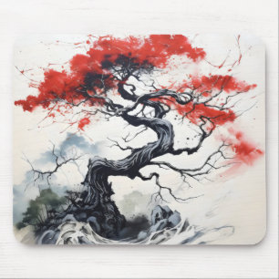 Black Red Abstract Tree Mouse Pad