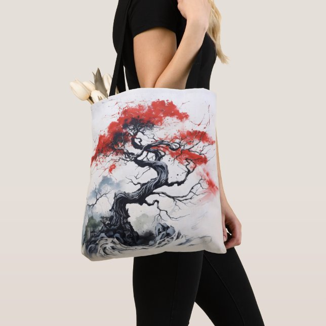 Black Red Abstract Tree Tote Bag (Close Up)