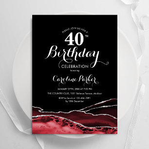 Black Red Agate 40th Birthday Invitation
