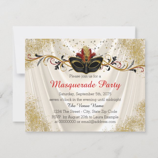 Black Red and Gold Masquerade Party Invitation (Back)