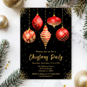 Black, Red and Gold Ornaments Christmas Party Invitation