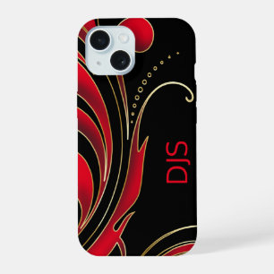 Black, Red and Gold Swirly Print iPhone 15 Case